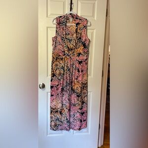 Chico’s Maxi Dress Sz 2 US 12-14 Sleeveless V‑Neck Boho Pleated Paisley Floral